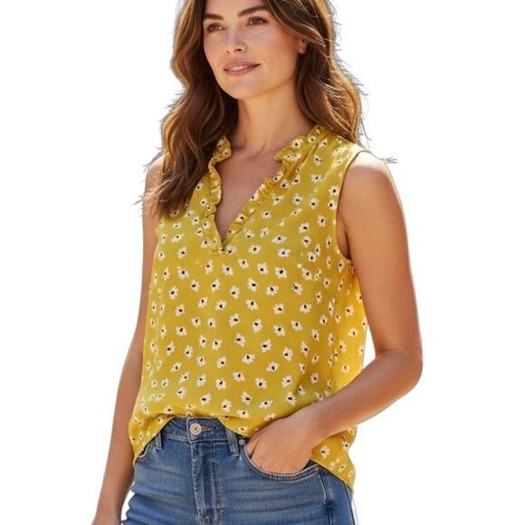 Ann Taylor Women's Top XS Floral Mustard Yellow Sleeveless Ruffle V-Neck Tank - Picture 1 of 8
